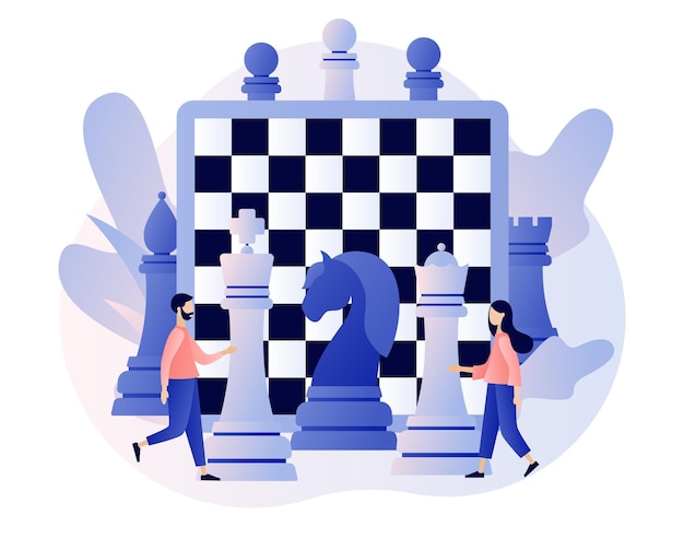 Vetor jogo de xadrez peças de xadrez jogos de tabuleiro pessoas pequenas jogando e ganhando estratégia de negócios trabalho em equipe