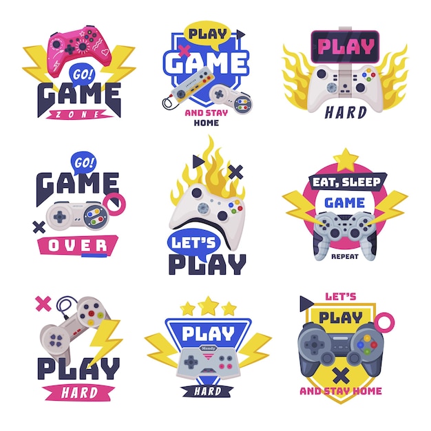 Jogo e Fique em Casa Logo Design Set Eat Sleep Jogo Slogans Impressões Design Ilustração vetorial
