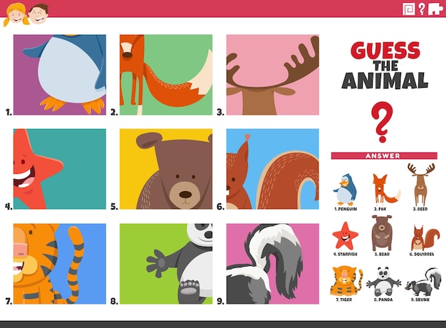 Jogo educacional de adivinhação de personagens de animais de desenho animado para crianças