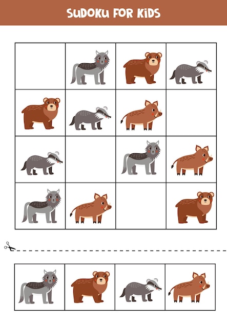 Jogo educacional de sudoku com animais fofos da floresta