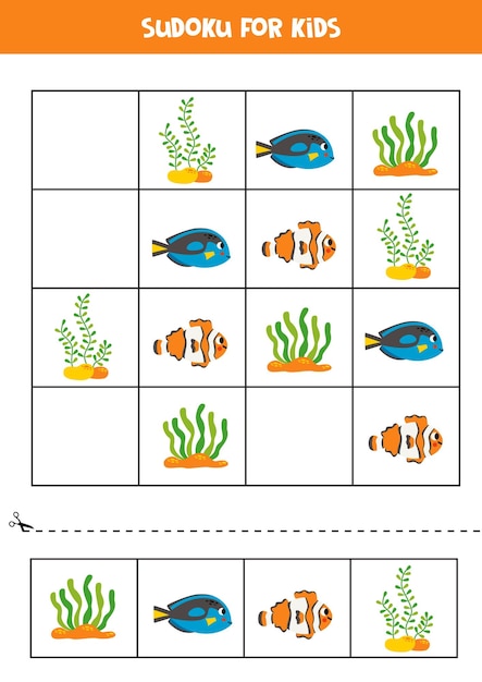 Jogo educacional de sudoku com animais marinhos fofos