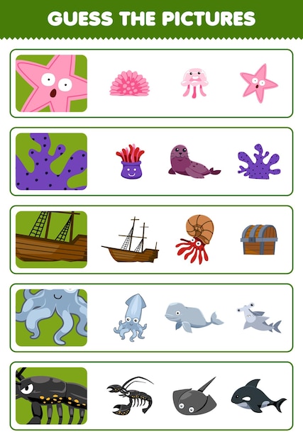 Jogo educacional para crianças, adivinhe as imagens corretas de lindos desenhos animados, estrela do mar, coral, naufrágio, lula, lagosta, planilha subaquática imprimível