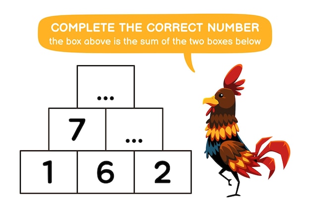 Jogo educacional para crianças ajudar a galinha completar o número correto impressão animal folha de trabalho