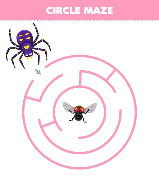 Jogo educacional para crianças círculo labirinto desenhar linha ajuda  aranha de desenho animado bonito a mover-se para a folha de trabalho de bug  imprimível