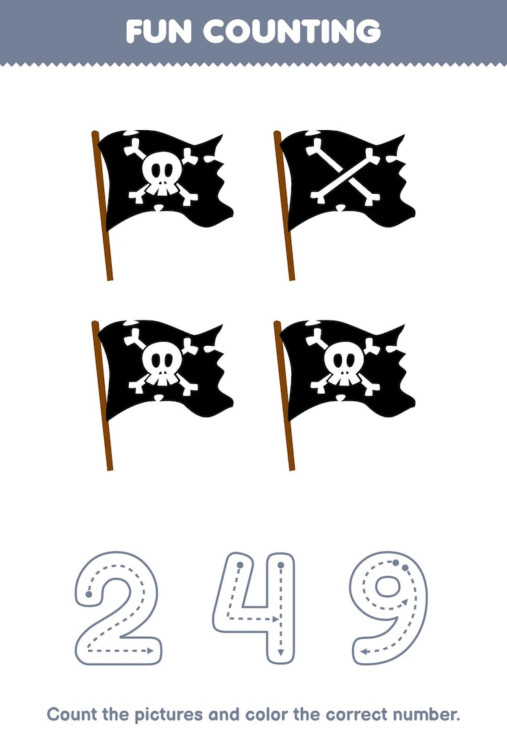 Vetor jogo educacional para crianças, conte as imagens e pinte o número correto da planilha de pirata para impressão de bandeira de desenho animado fofa