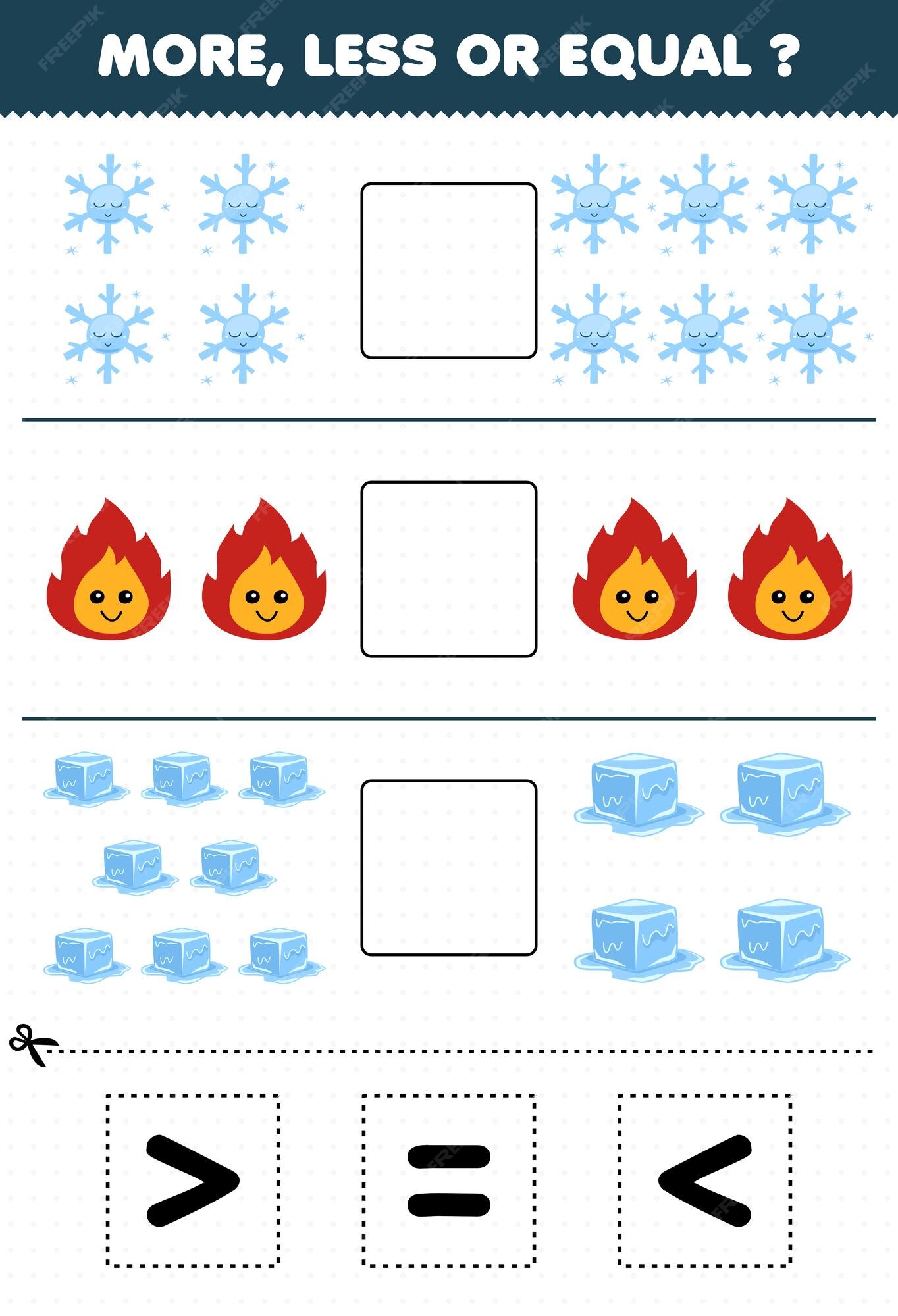 Jogo educativo para crianças, adição divertida, adivinhando o número  correto de desenhos animados fofos, fogo, água, gelo, planilha de natureza  imprimível