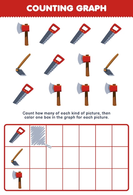 Jogo educacional para crianças, conte quantos desenhos animados fofos viram machados de enxada e, em seguida, pinte a caixa na planilha de ferramentas para impressão do gráfico