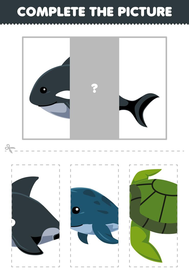 Vetor jogo educacional para crianças cortar e completar a imagem correta de bonito desenho animado orca impressível folha de trabalho subaquático