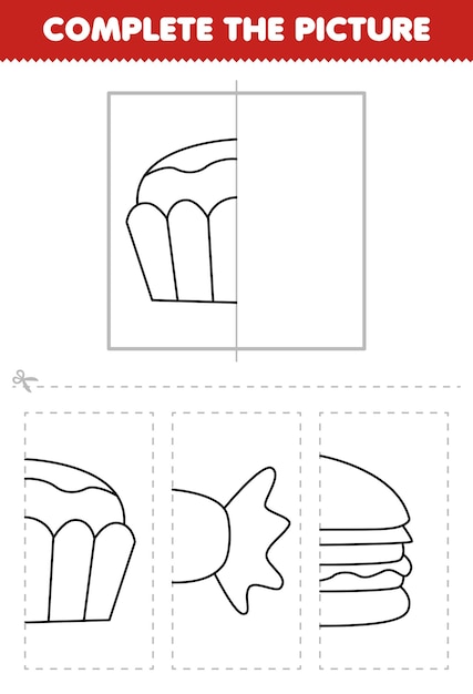 Jogo educacional para crianças cortar e completar a imagem de cupcake de desenho animado bonito meio esboço para colorir folha de trabalho de alimentos imprimíveis