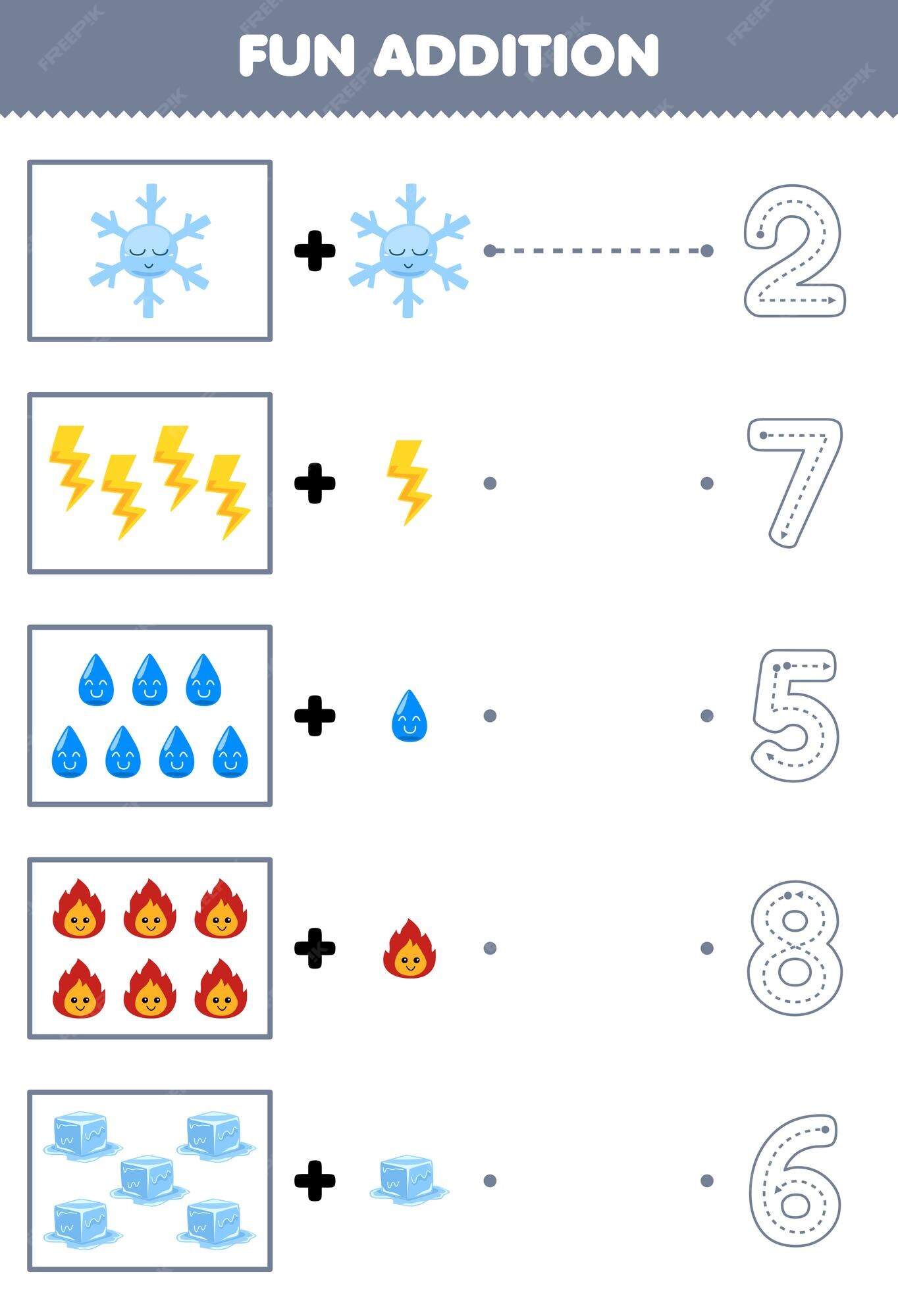 Jogo educacional para crianças, corte peças de quebra-cabeça e combine por  número de desenhos animados fofos, floco de neve, fogo, trovão, nuvem, água,  planilha de natureza imprimível