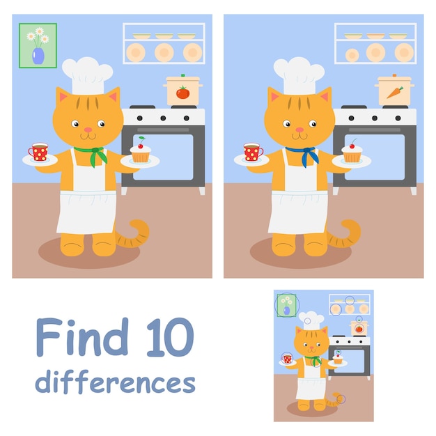 Jogo educacional para crianças encontre 10 diferenças gato alegre cozinheiro na cozinha