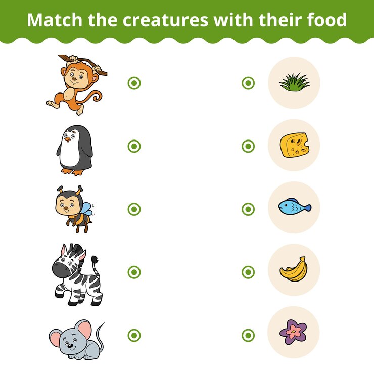 Vetor jogo educacional para crianças que combina animais e alimentos favoritos