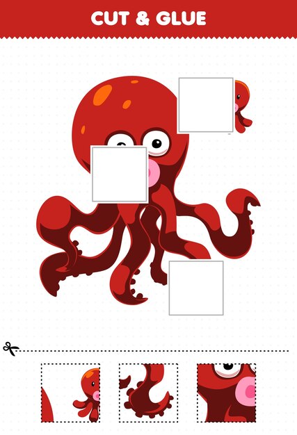 Jogo educacional para crianças recorta e cola partes cortadas de um polvo bonito de desenho animado e cola-as em uma planilha subaquática imprimível
