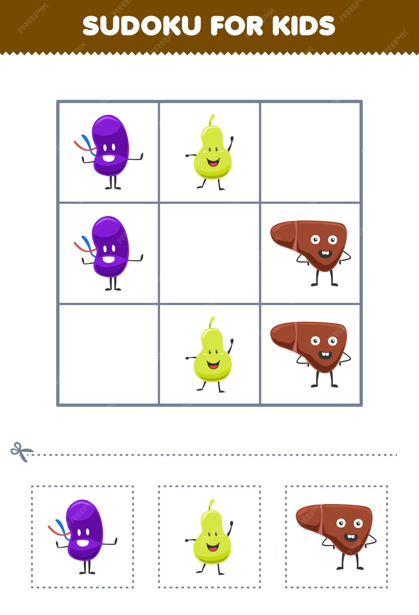 Jogo educacional para crianças sudoku fácil para crianças com cabeça de  menino bonito crânio e cérebro para impressão anatomia e planilha de órgão