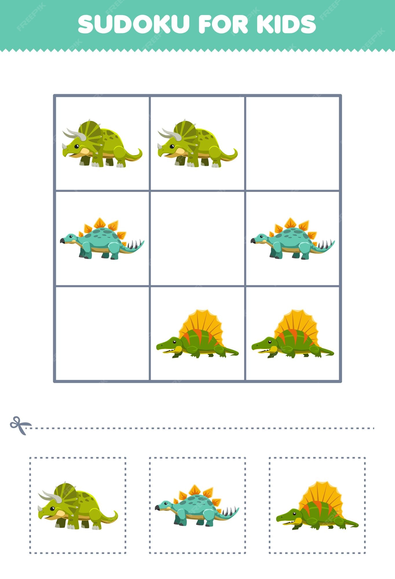 Jogo de educação para crianças sudoku fácil para crianças com dinossauro  azul bonito dos desenhos animados, planilha de dinossauro pré-histórico  imprimível