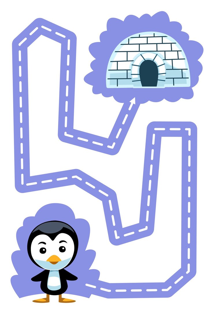 Jogo educacional para prática de caligrafia infantil traçar as linhas ajuda o pinguim de desenho animado bonito a se mover para a planilha de inverno imprimível do iglu