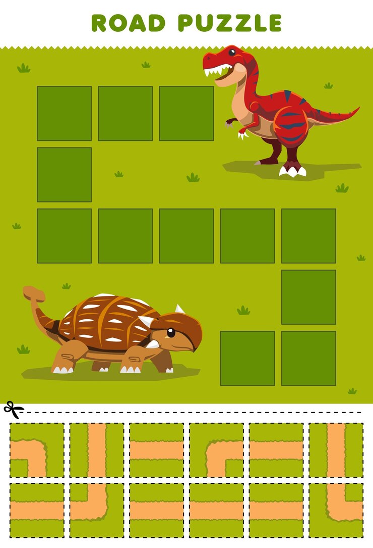 Vetor jogo educacional para quebra-cabeça de estrada infantil ajuda o anquilossauro a se mover para a planilha de dinossauro imprimível do tiranossauro