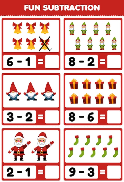 Jogo educacional para subtração divertida para crianças, contando e eliminando caixa de presente de gnomo de sino bonito dos desenhos animados, meia de papai noel, folha de trabalho de inverno imprimível