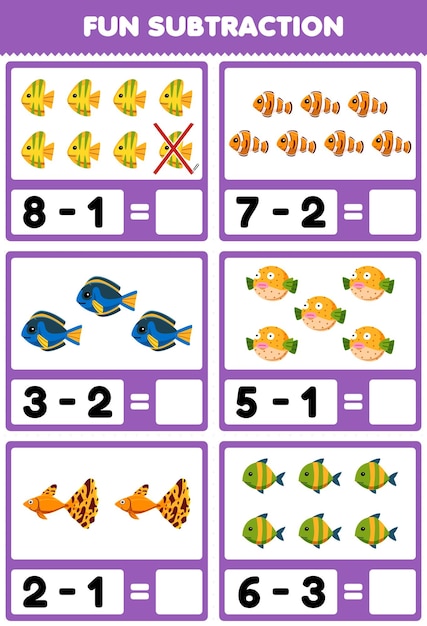 Jogo educacional para subtração divertida para crianças, contando e  eliminando uma nuvem fofa de desenho animado, floco de neve, trovão, água,  gelo, fogo, planilha de natureza imprimível