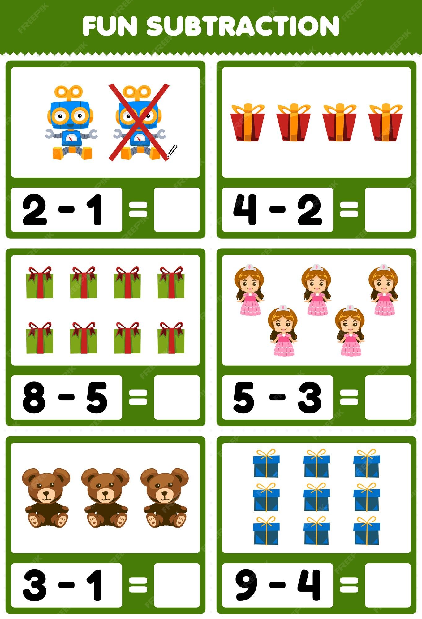 Jogo educacional para subtração divertida para crianças, contando e eliminando uma nuvem fofa de desenho animado, floco de neve, trovão, água, gelo, fogo, planilha de natureza imprimível