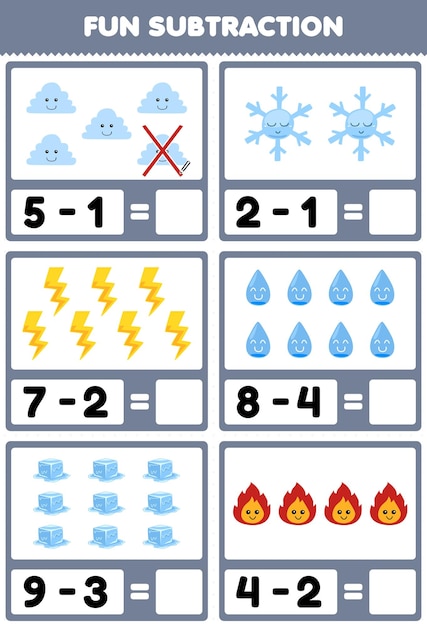 Jogo educacional para crianças, corte peças de quebra-cabeça e combine por  número de desenhos animados fofos, floco de neve, fogo, trovão, nuvem, água,  planilha de natureza imprimível