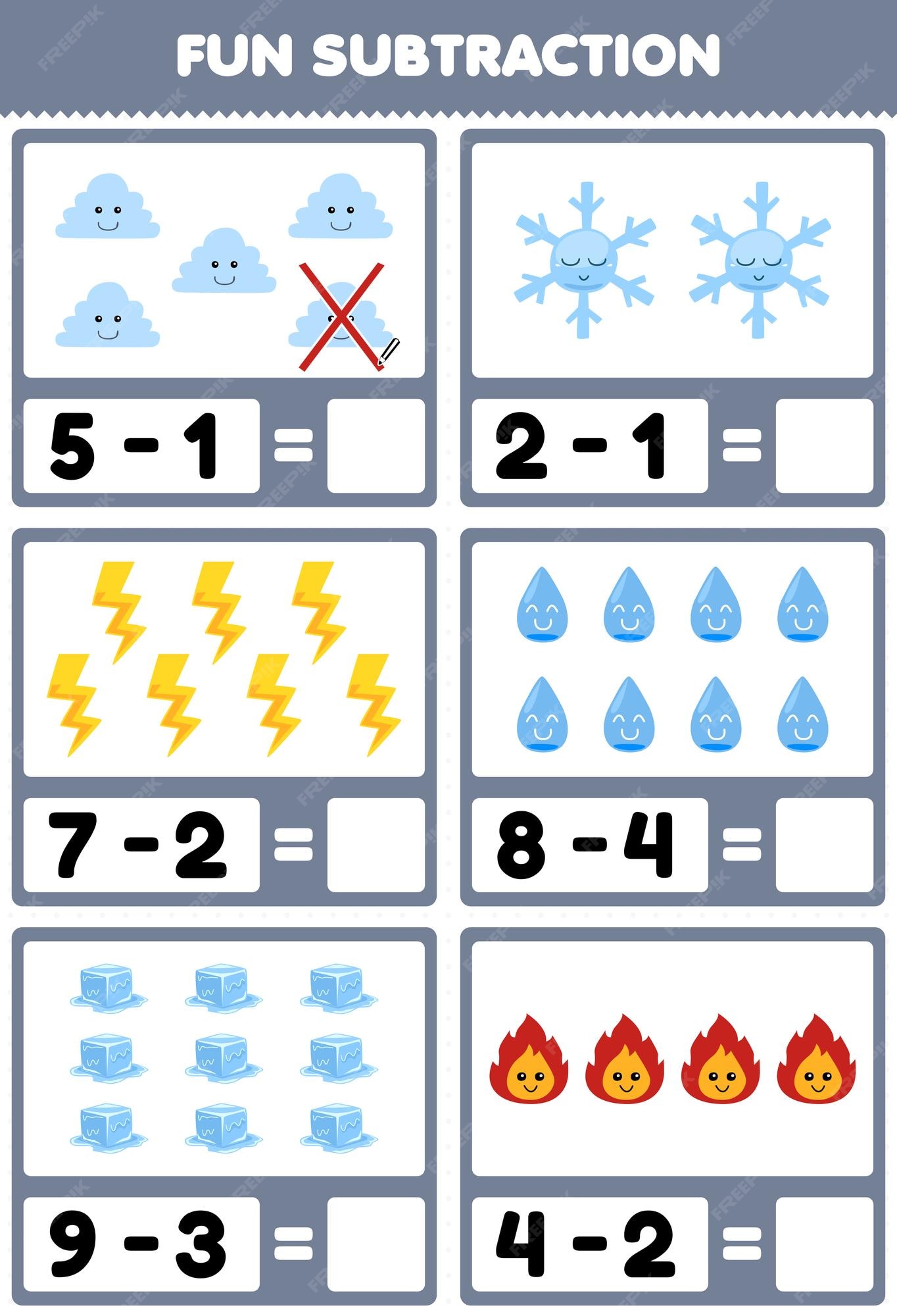 Jogo educacional para subtração divertida para crianças, contando e  eliminando uma nuvem fofa de desenho animado, floco de neve, trovão, água,  gelo, fogo, planilha de natureza imprimível