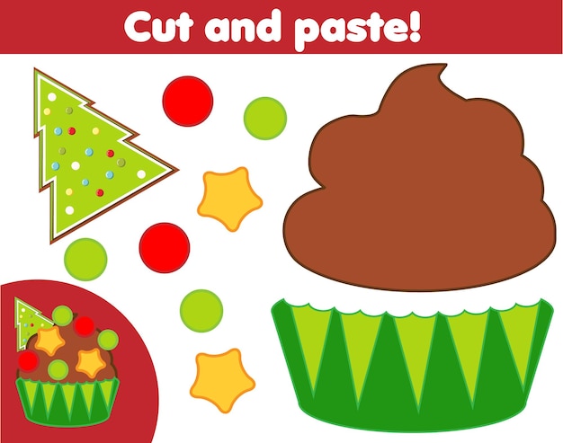 Jogo educativo de crianças criativas. atividade de corte de papel. faça um cupcake de natal e ano novo com cola e tesoura