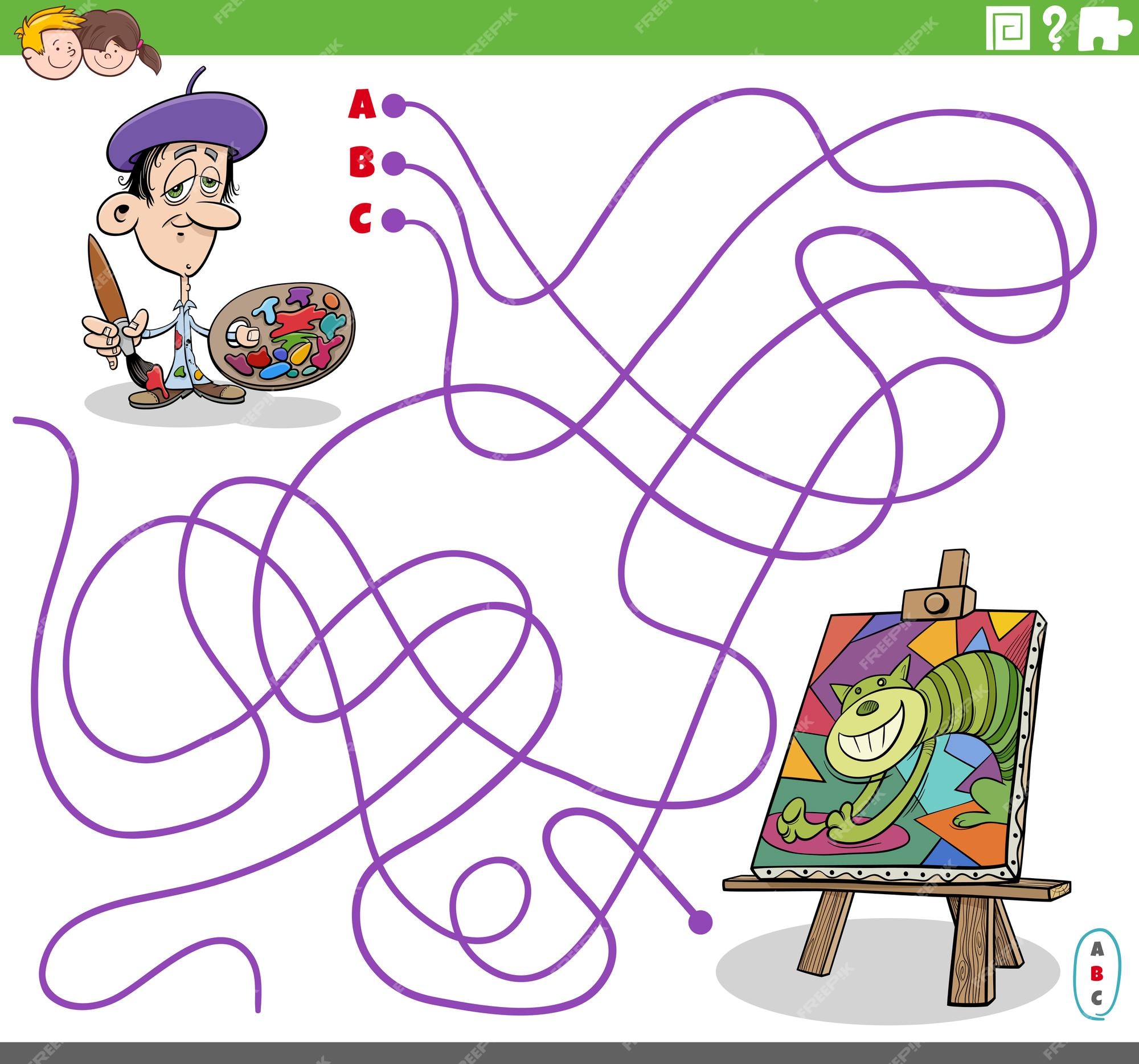 Jogo educativo de labirinto com pintor de desenho animado e sua