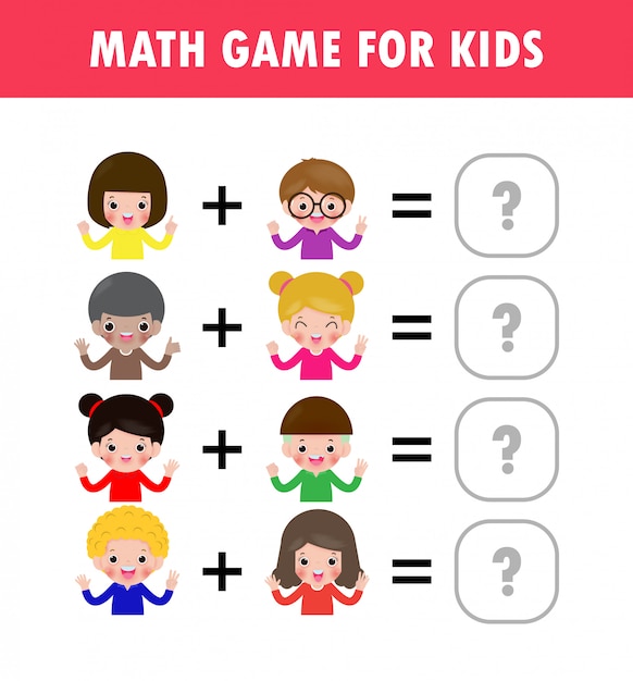 Jogo educativo de matemática para crianças aprendendo a contar, planilha de adição para crianças. matemática adição subtração quebra-cabeça crianças mostrando números por dedos truque pergunta resolver ilustração plana