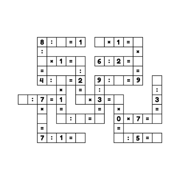 Jogo educativo de matemática para crianças em idade pré-escolar e escolar.  resolva as palavras cruzadas. números. multiplicação e divisão. página de  quebra-cabeça.