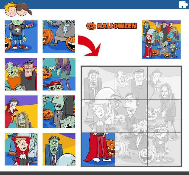 Jogo educativo de quebra-cabeça com personagens de desenhos animados haloween