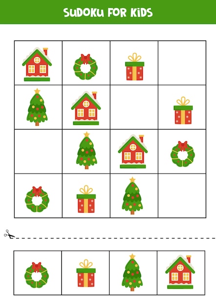 Jogo educativo de sudoku com elementos fofos de natal