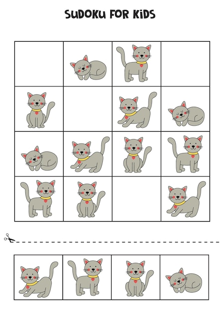 Jogo educativo de sudoku com gatos cinzentos fofos