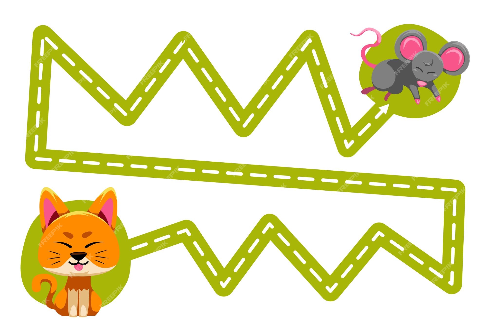 Jogo educativo para a prática de caligrafia infantil traça as linhas movem  um gato animal de desenho animado fofo para a planilha imprimível do mouse