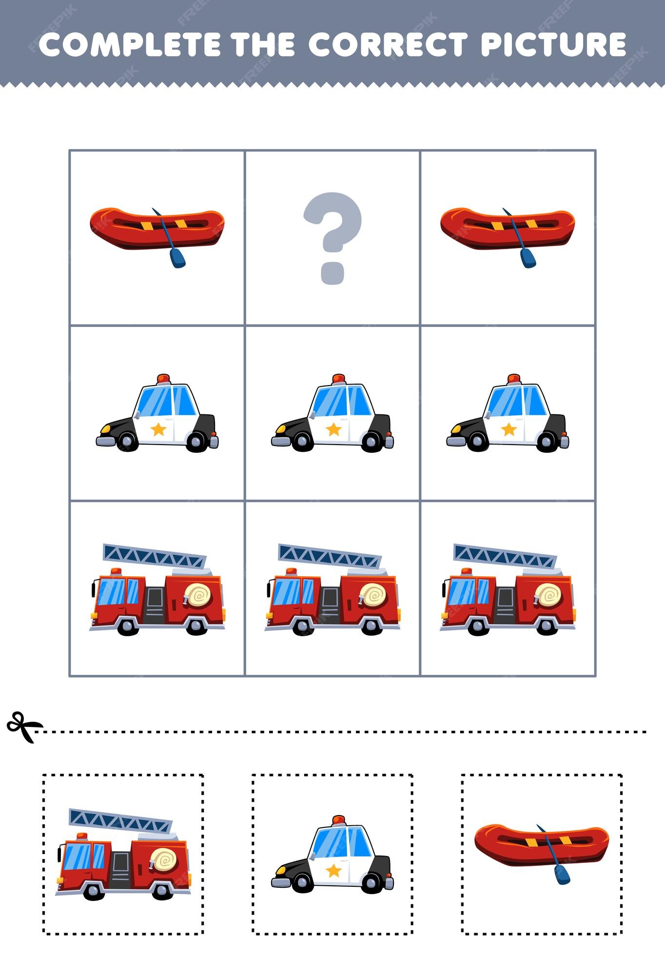 Jogo educativo para crianças completa a imagem correta de um lindo desenho  animado de carro de polícia, barco inflável e avião, planilha de transporte  para impressão