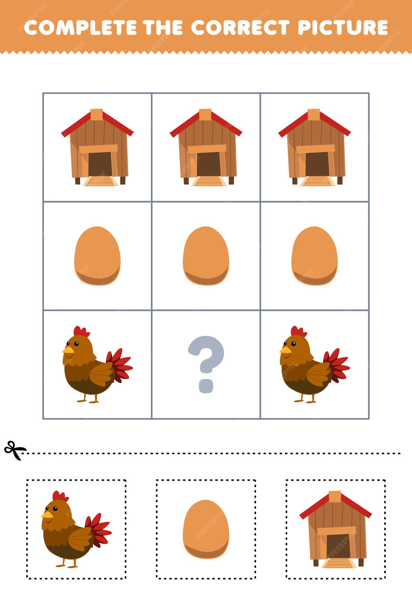 Jogo de educação para crianças circula a pequena imagem de desenho animado  bonito ovo pintinho galinha galinha galo ninho coop planilha de fazenda  imprimível