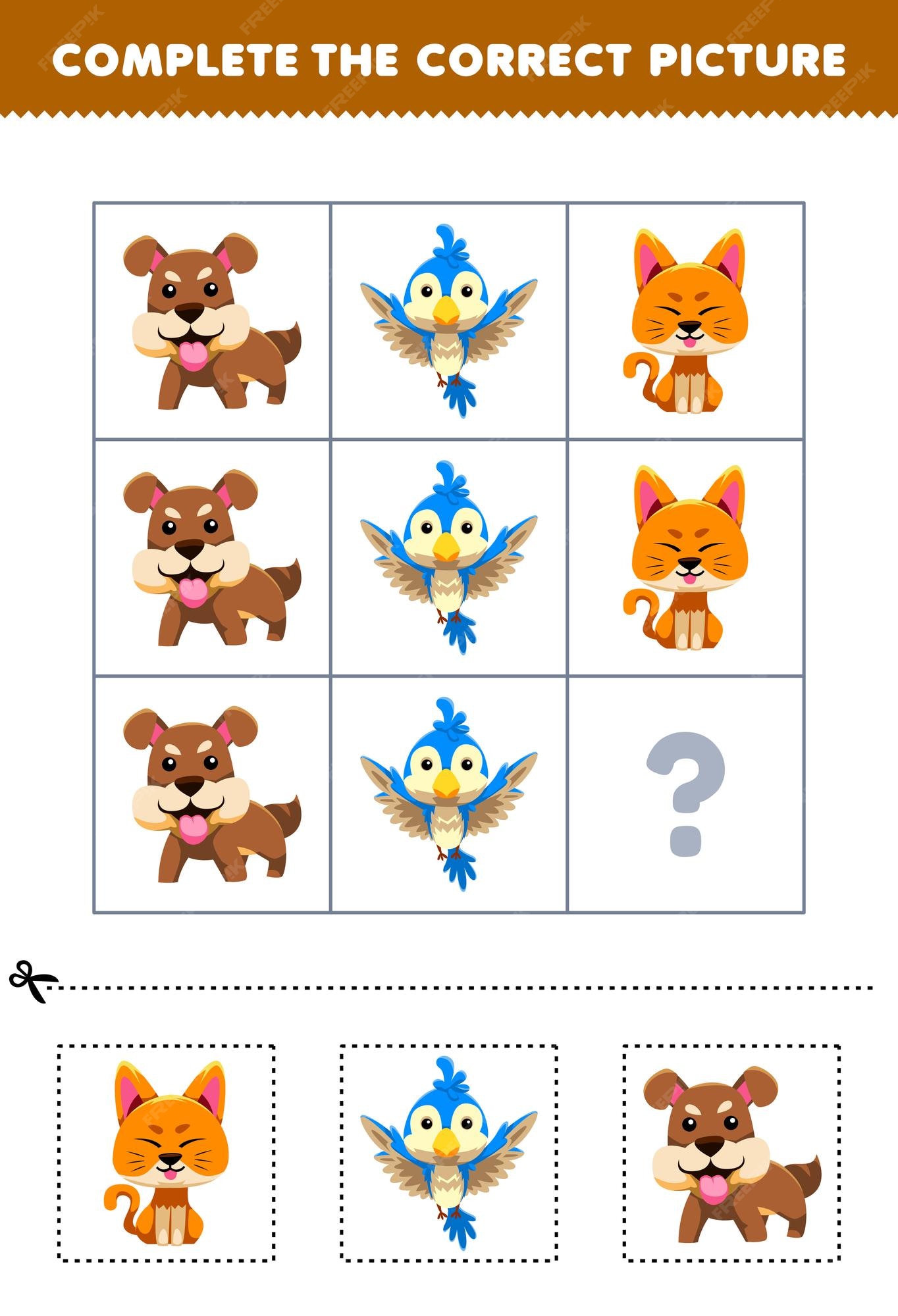 Jogo de educação para crianças sudoku fácil para crianças com desenho  animado bonito, gato, rato, cachorro, planilha animal para impressão