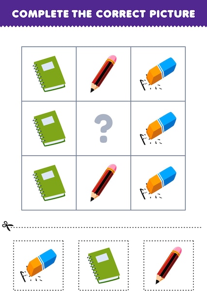 Jogo educativo para as crianças escolherem e completarem a imagem correta de um lindo livro de borracha de desenho animado ou planilha de ferramenta para impressão a lápis