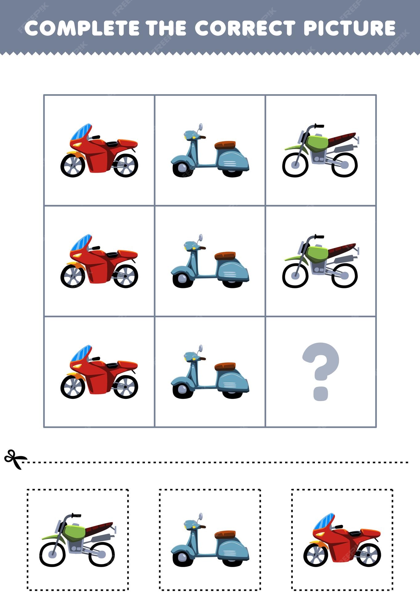 Jogo educativo para crianças sequências lógicas para crianças com planilha  de transporte para impressão de moto de táxi de desenho animado bonito