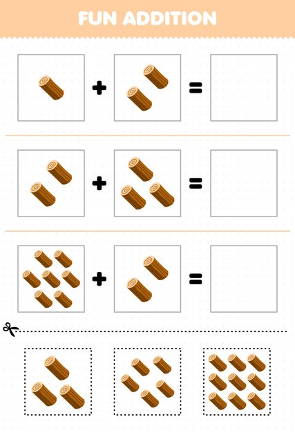 Jogo educativo para crianças adição divertida por corte e combinação de imagens de log de madeira de desenho animado fofas para planilha de fazenda imprimível