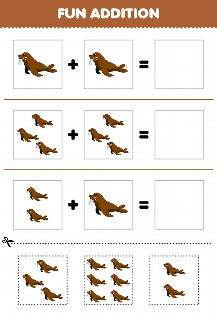Vetor jogo educativo para crianças, adição divertida por corte e correspondência de imagens de morsa de desenho animado para planilha subaquática imprimível