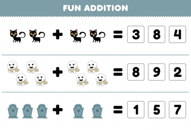 Jogo educativo para crianças, além de diversão, adivinhando o número correto de desenho animado fofo gato preto fantasma lápide de halloween planilha imprimível
