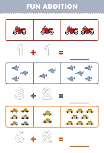 Jogo educativo para crianças além de diversão contando e rastreando o  número de planilha de transporte imprimível para impressão de táxi de moto  de desenho animado bonito