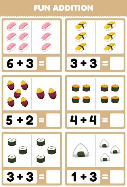 Jogo educativo para crianças além de diversão contando e somando desenhos animados comida japonesa sushi yam fotos planilha