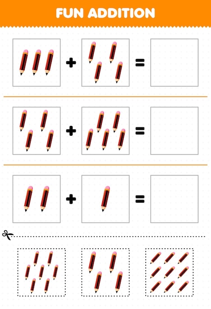 Jogo educativo para crianças, além de divertido, cortando e combinando imagens fofas de lápis de desenho animado para planilha de ferramentas imprimíveis