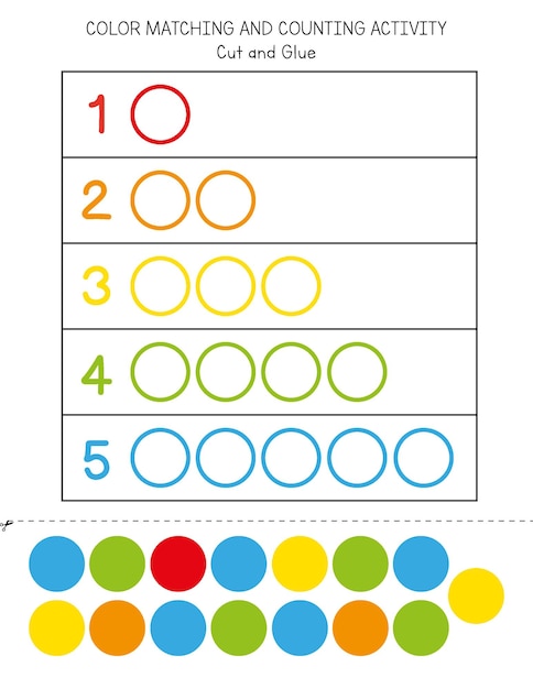 Jogo educativo para crianças atividade de correspondência e contagem de cores planilha de matemática habilidades de tesoura