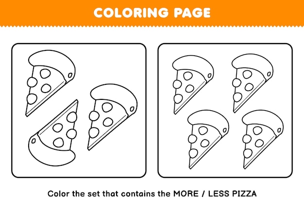 Jogo educativo para crianças colorir mais ou menos imagem da arte da linha de pizza dos desenhos animados, folha de cálculo imprimível