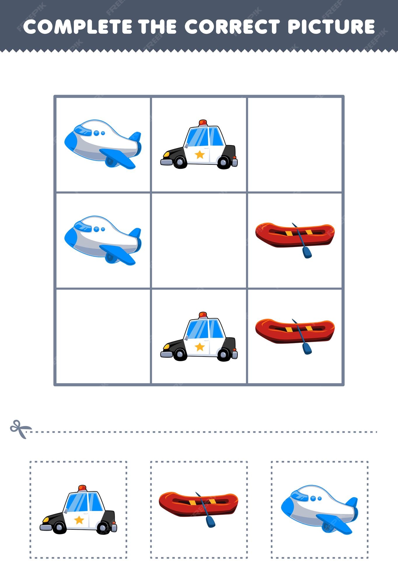 Jogo educativo para crianças completa a imagem correta de um lindo desenho  animado de carro de polícia, barco inflável e avião, planilha de transporte  para impressão