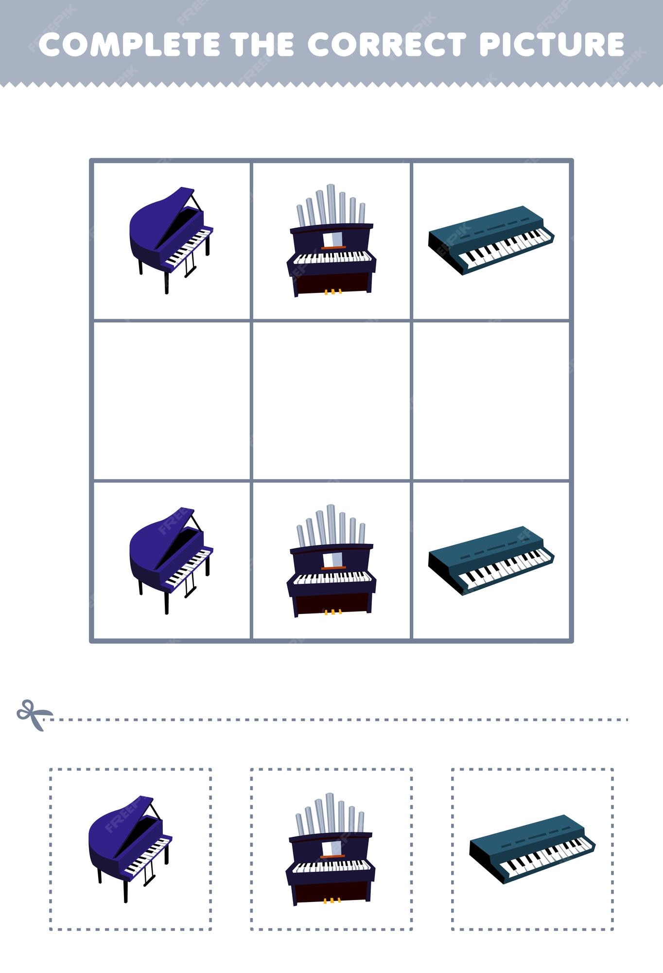 Jogo educativo para crianças, escolha a parte correta para completar uma  planilha de instrumento musical com imagem de piano de desenho animado