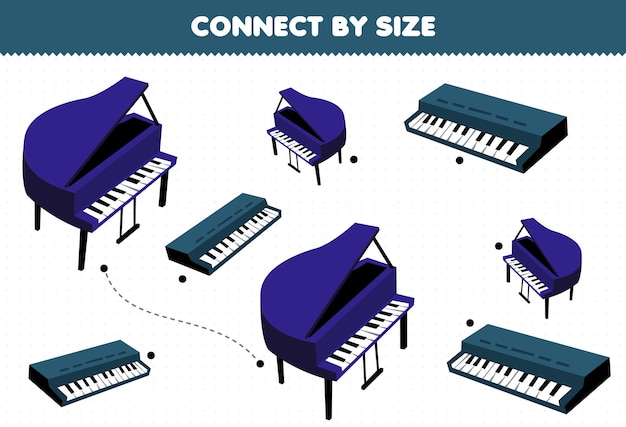 Jogo educativo para crianças conectado pelo tamanho do piano de instrumento  de música dos desenhos animados e planilha imprimível do teclado